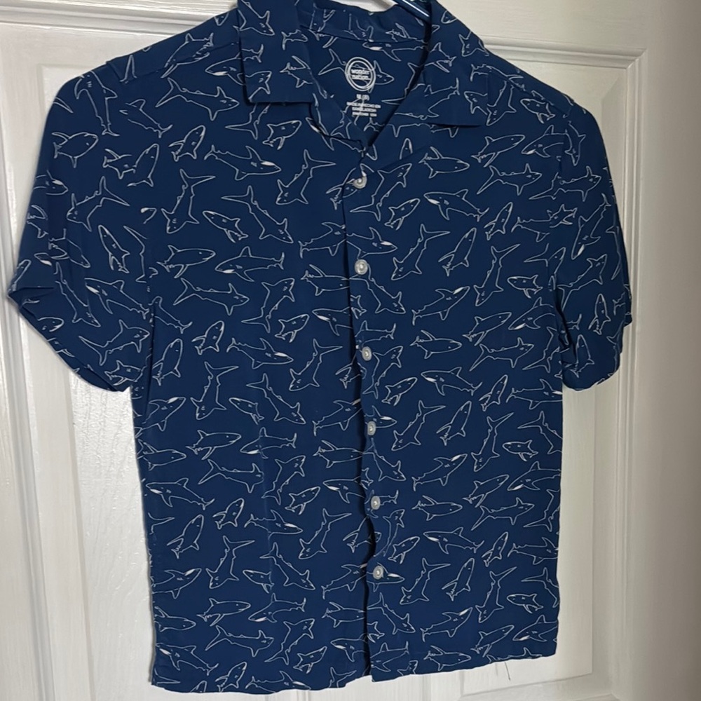 Navy Shark Print Button-Up Shirt